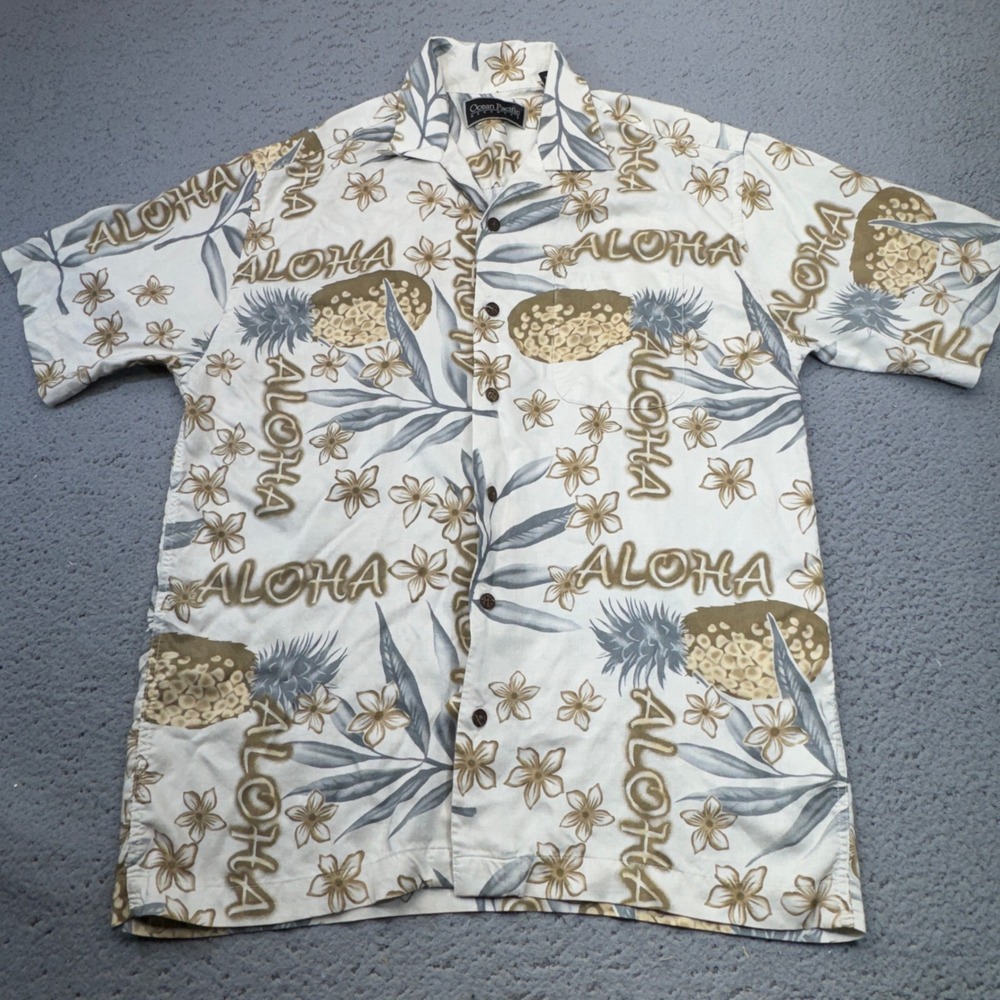 Vintage Ocean Pacific Shirt Mens Medium Tan Floral Aloha Camp Collar Surfer Y2K‎